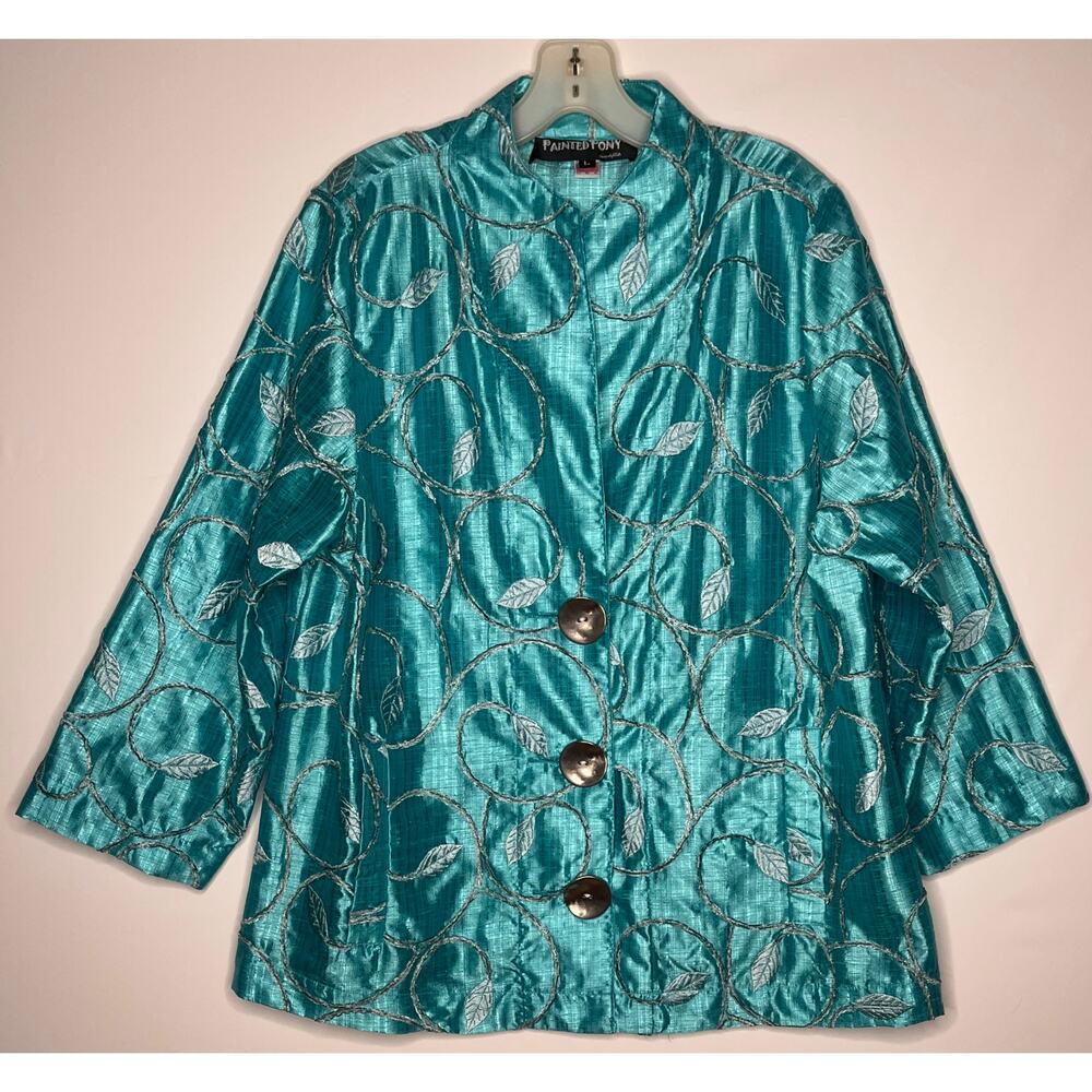 Painted Pony women's blue jacket with leaf design three button up closure L